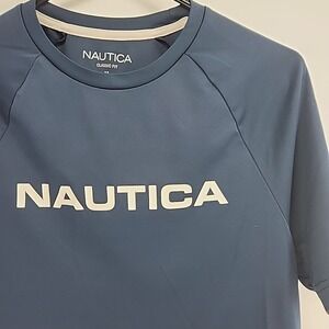 Nautica Shirt Mens Medium Navy‎ Short Sleeve Spell out Logo Classic Fit
